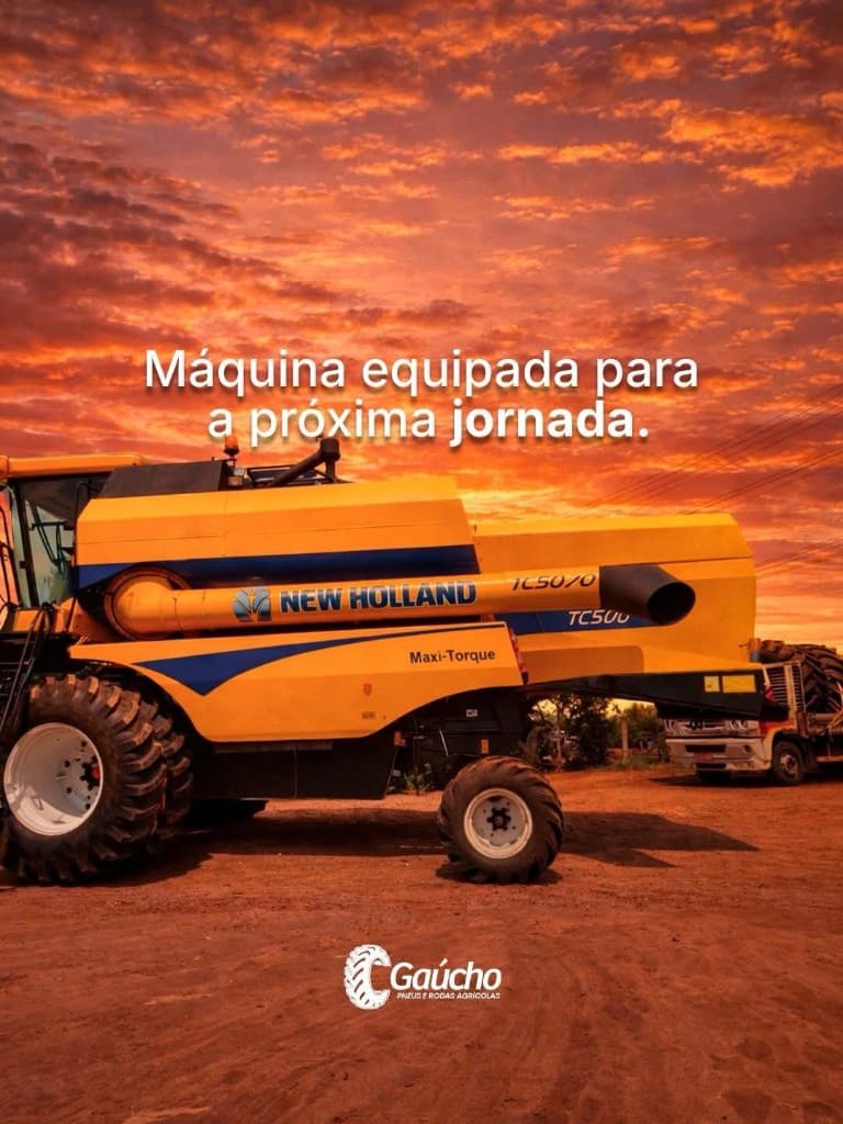 Máquina agrícola ao entardecer com mensagem: máquina equipada para a próxima jornada.