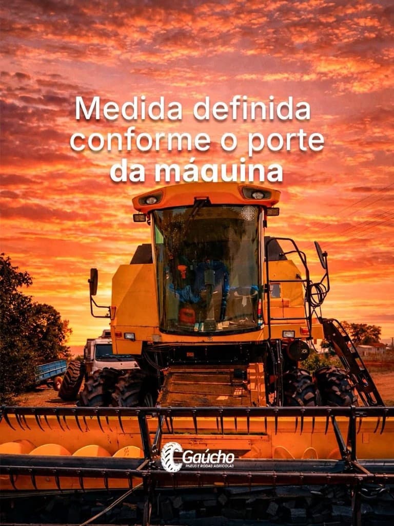 Colheitadeira frontal ao pôr do sol; texto sobre medida conforme o porte da máquina.
