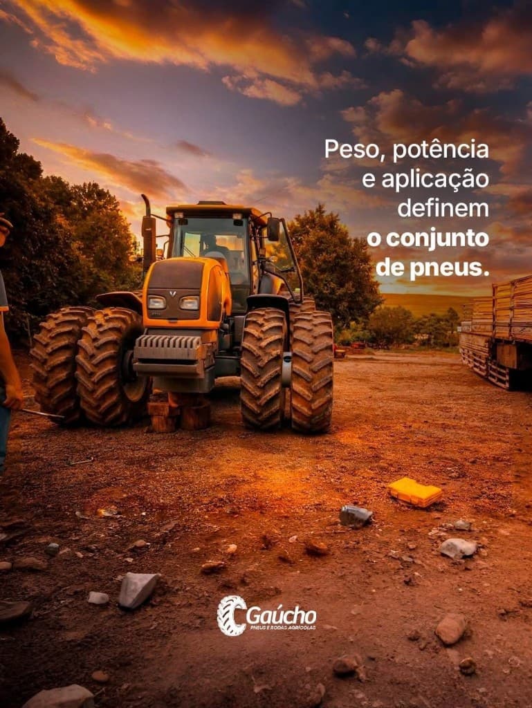 Trator com duplagem ao pôr do sol; mensagem sobre peso, potência e aplicação do conjunto de pneus.