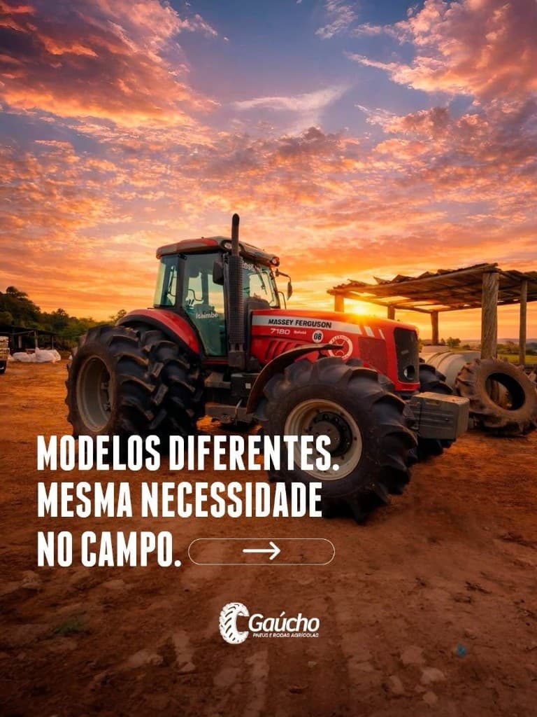 Trator Massey Ferguson em campo ao entardecer; frase: modelos diferentes, mesma necessidade no campo.