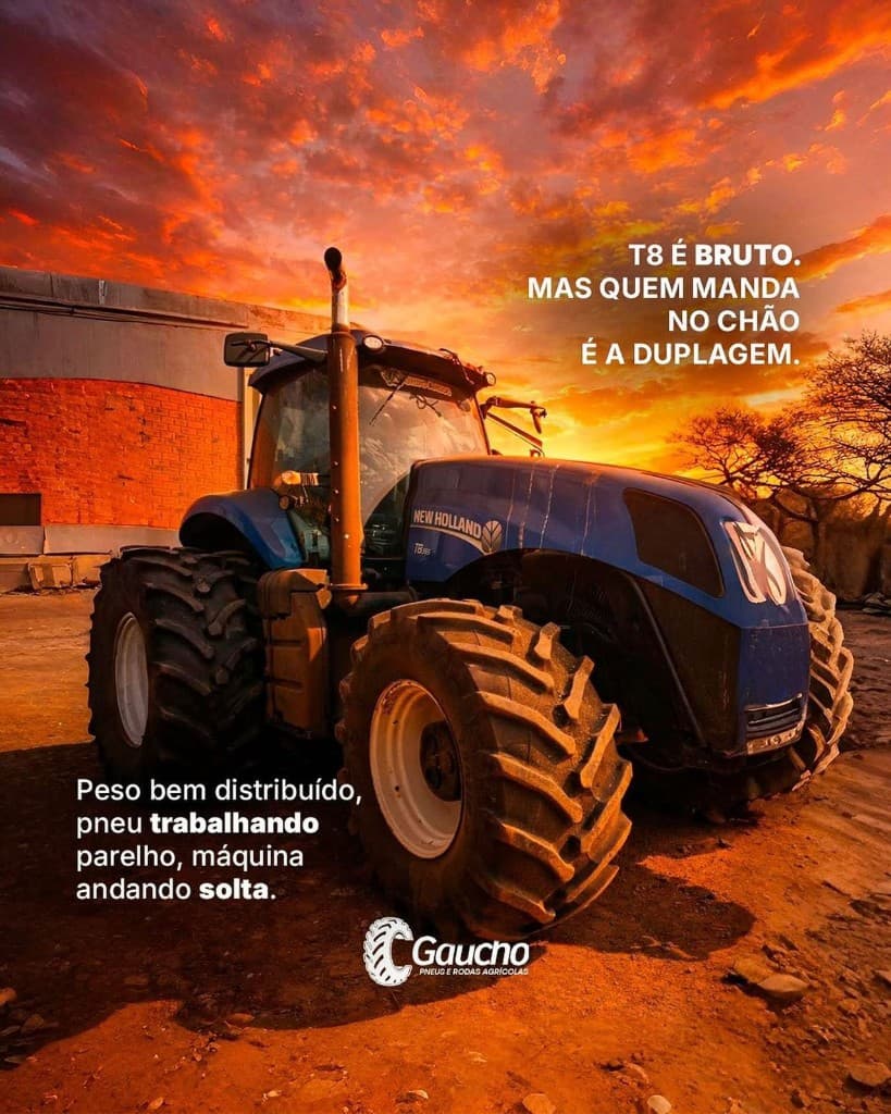 Trator New Holland T8 com duplagem ao entardecer; mensagem sobre tração e peso bem distribuído.