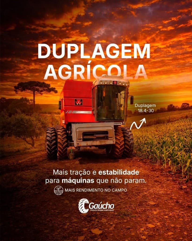 Peça Duplagem agrícola com colheitadeira Massey Ferguson ao pôr do sol; marcações de medida na arte.