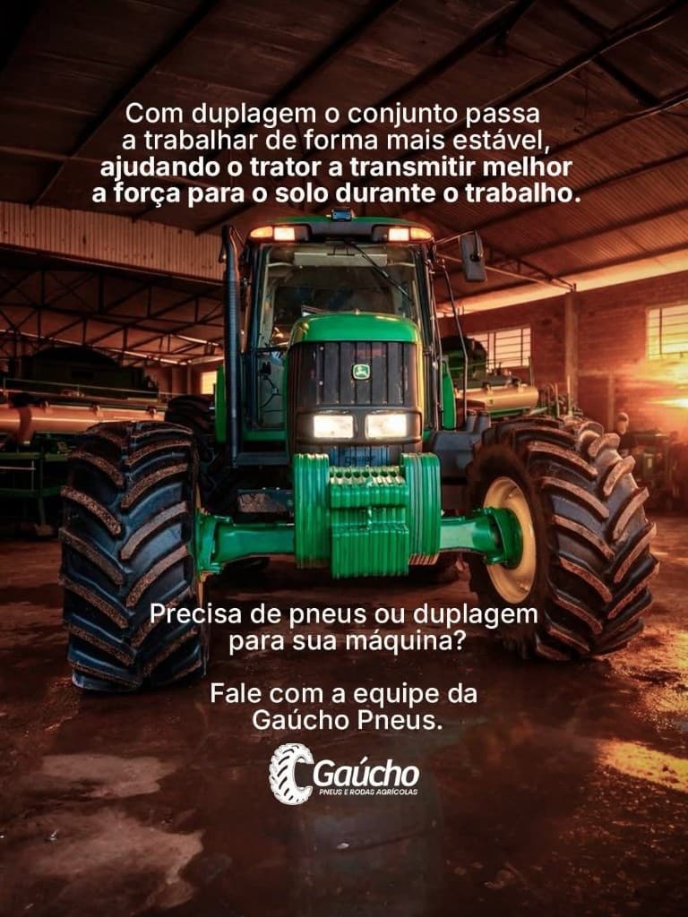 Trator em oficina com CTA: duplagem para transmitir força ao solo com mais estabilidade.