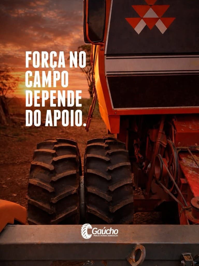 Trator laranja com duplagem; slogan força no campo depende do apoio — Gaúcho Pneus.