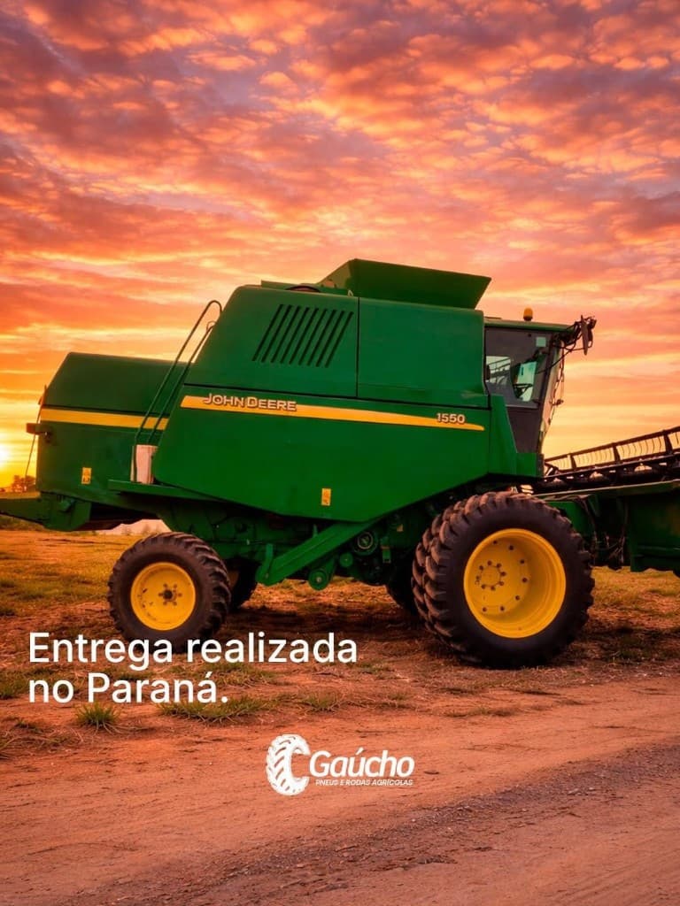 Close de pneu Pirelli e conjunto de duplagem em ambiente de fazenda ao entardecer.