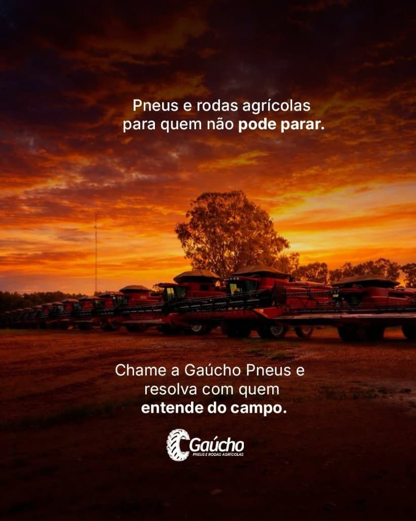 Conjunto de máquinas no campo ao entardecer com mensagem institucional da Gaúcho Pneus.