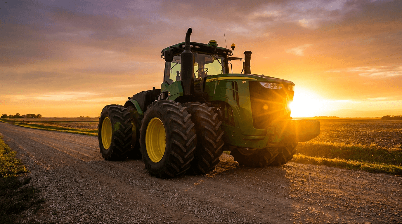 Trator John Deere 9R com rodado duplo em estrada de cascalho ao pôr do sol — operação agrícola e tração no campo.