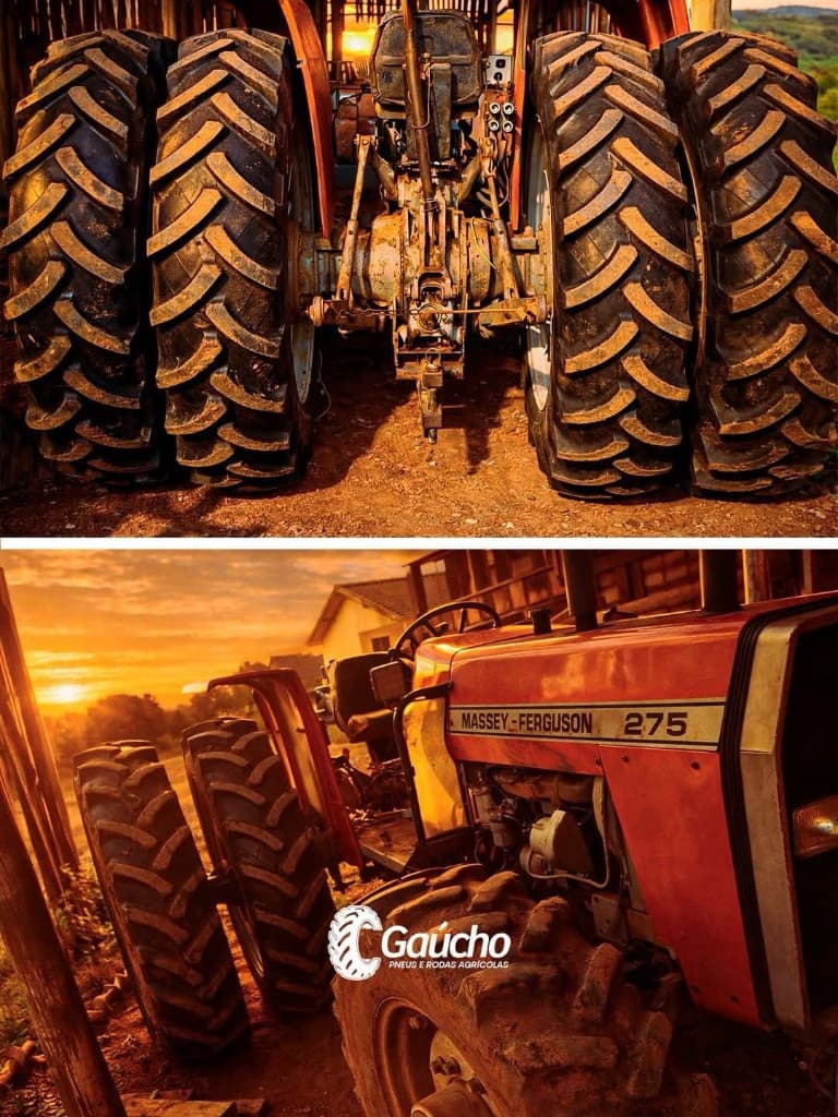 Duas fotos de trator com pneus duplos em close, mostrando tração e rodado em operação no campo.