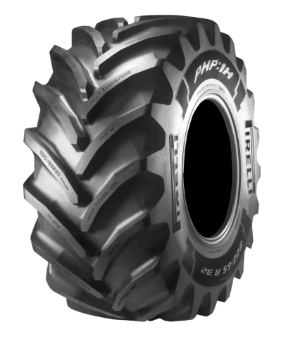 Pneu agrícola para colheitadeira com banda de tração reforçada.