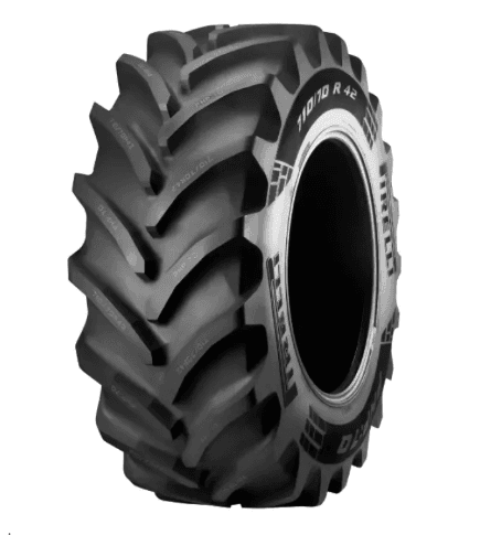 Pneu radial agrícola para tração, com banda de rodagem profunda.